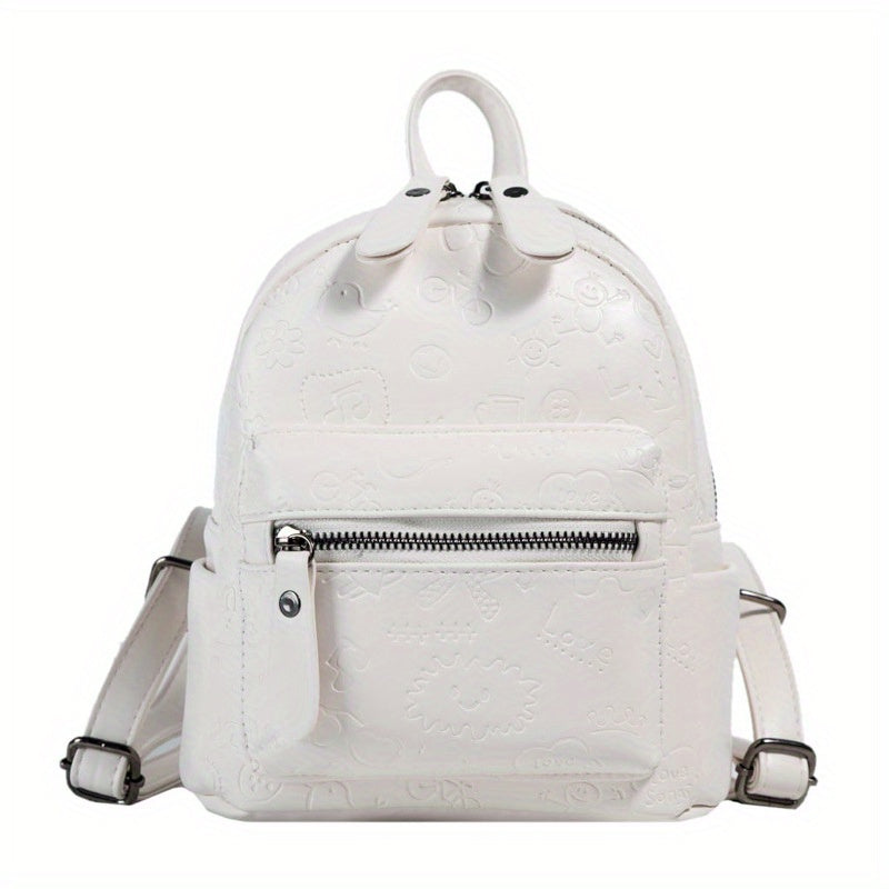 Cartoon Graffiti Embossed Backpack Zipper Solid Rucksack