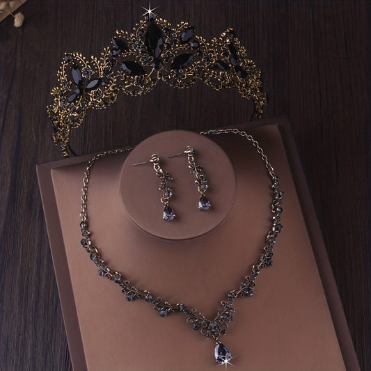 Baroque Style Crystal Crown Earrings Necklace Set