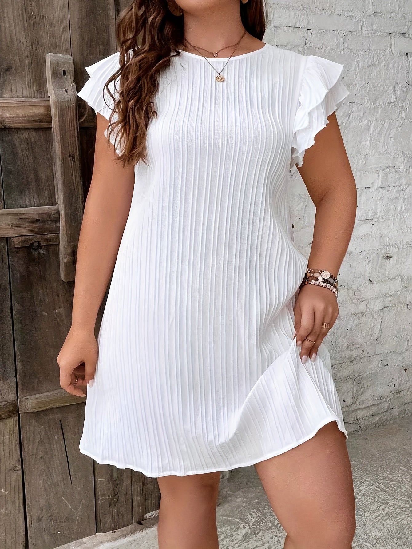  Solid Ribbed Butterfly Sleeve Round Neck Mini Dress