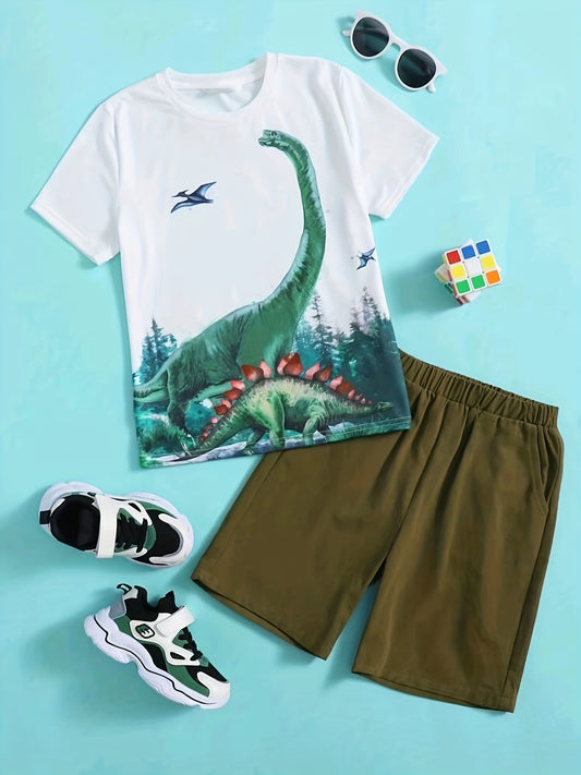 Boys Dinosaur Graphic Casual Outfit Set - T shirt & Shorts