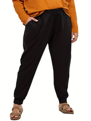  Sporty Pants Women's Plus Solid Elastic Waist Tapered Leg Pants