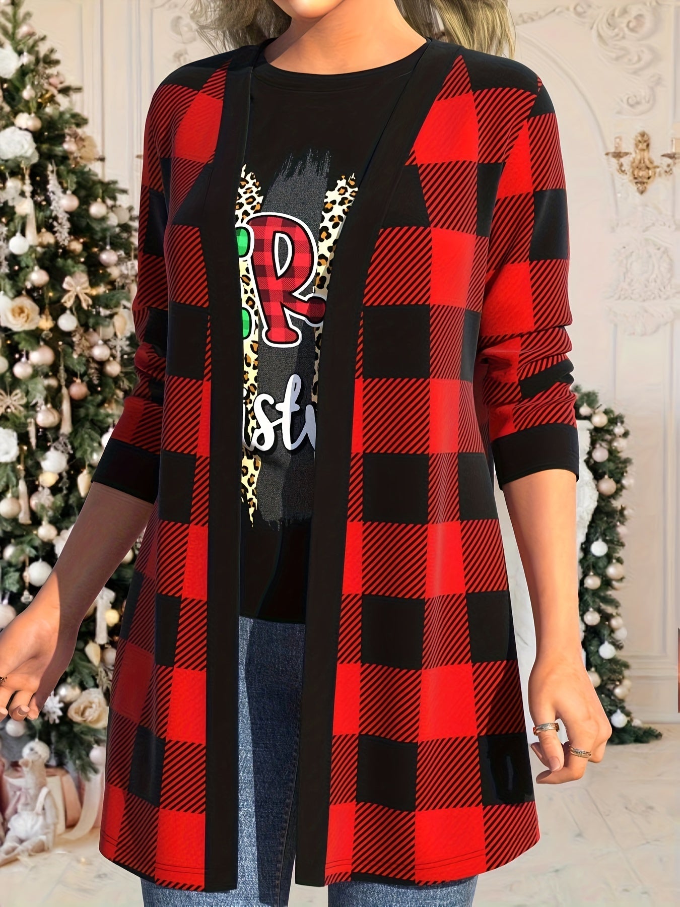  Plaid Print Long Sleeve Open Front High Stretch Cardigan