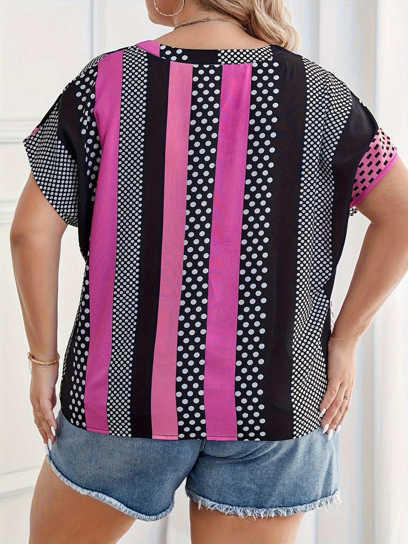  Stripe Print Short Sleeve Stand Neck Blouse