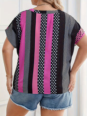  Stripe Print Short Sleeve Stand Neck Blouse