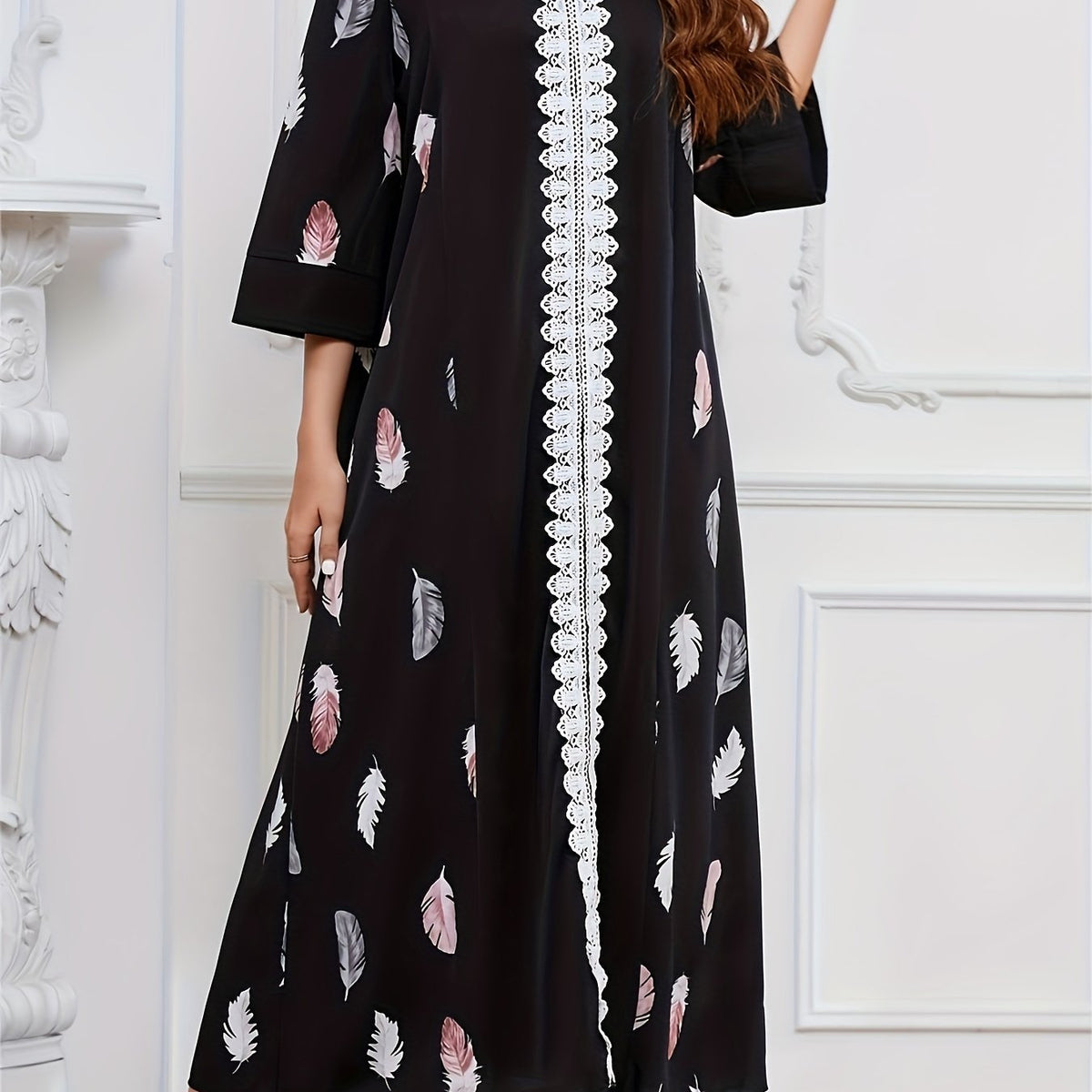  Feather Print Lace Sleeve Maxi Dress