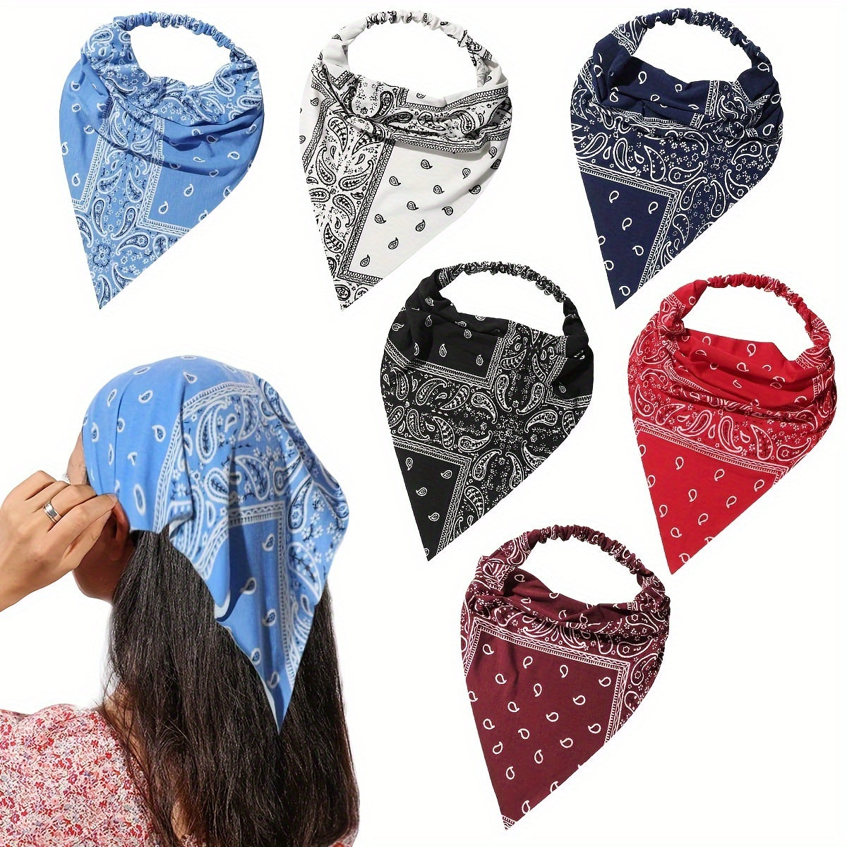 6pcs Paisley Print Series Triangle Scarf Headband Elastic Turban Bandana