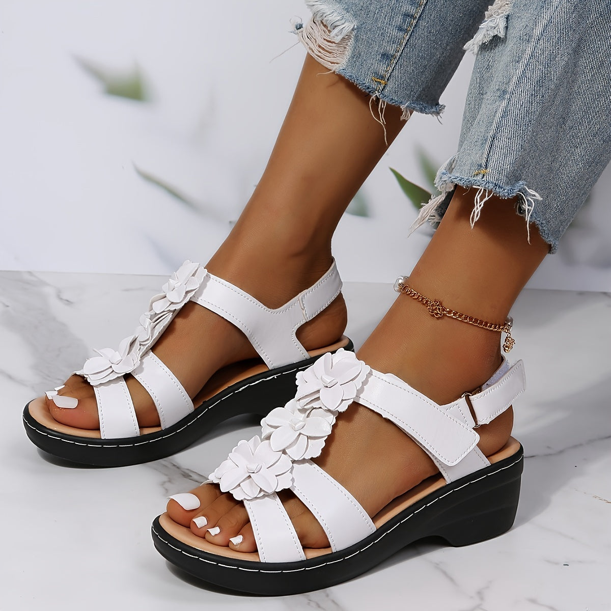 Women's Flower T Strap Wedge Sandals