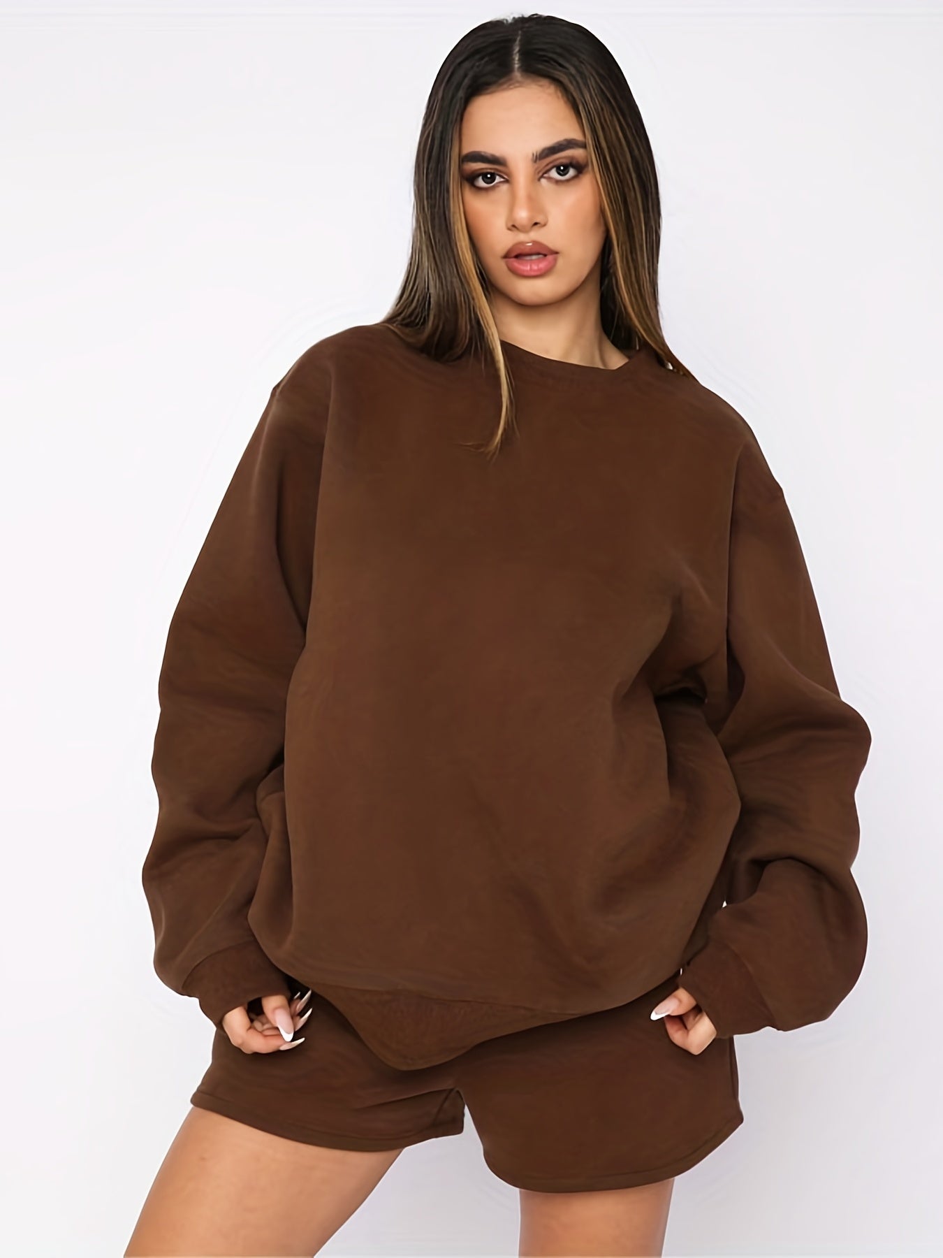 Solid Sweatshirt & Drawstring Shorts Set Women's Outfit