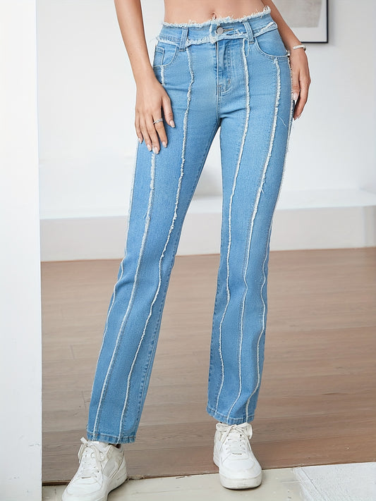 Stripes Pleat Bootcut Jeans High Rise Stretchy Bell Bottoms
