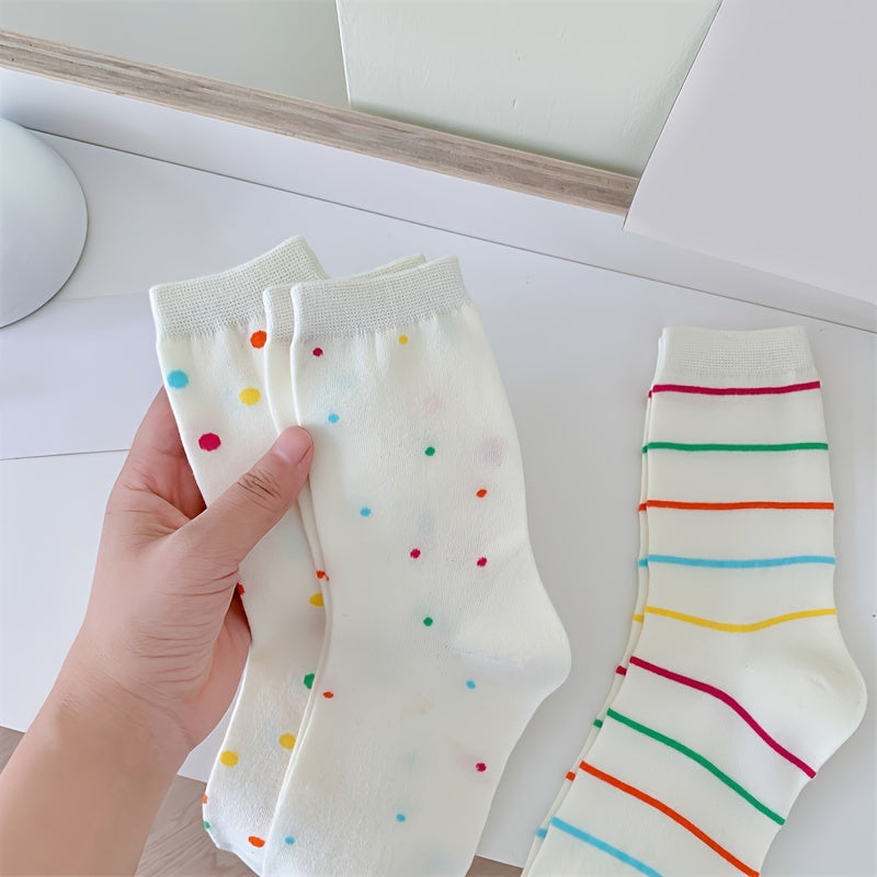 3 Pairs Colorful Dot & Stripe Print Socks Comfy Mid Tube Stockings