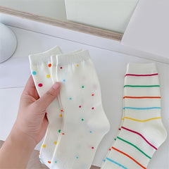 3 Pairs Colorful Dot & Stripe Print Socks Comfy Mid Tube Stockings