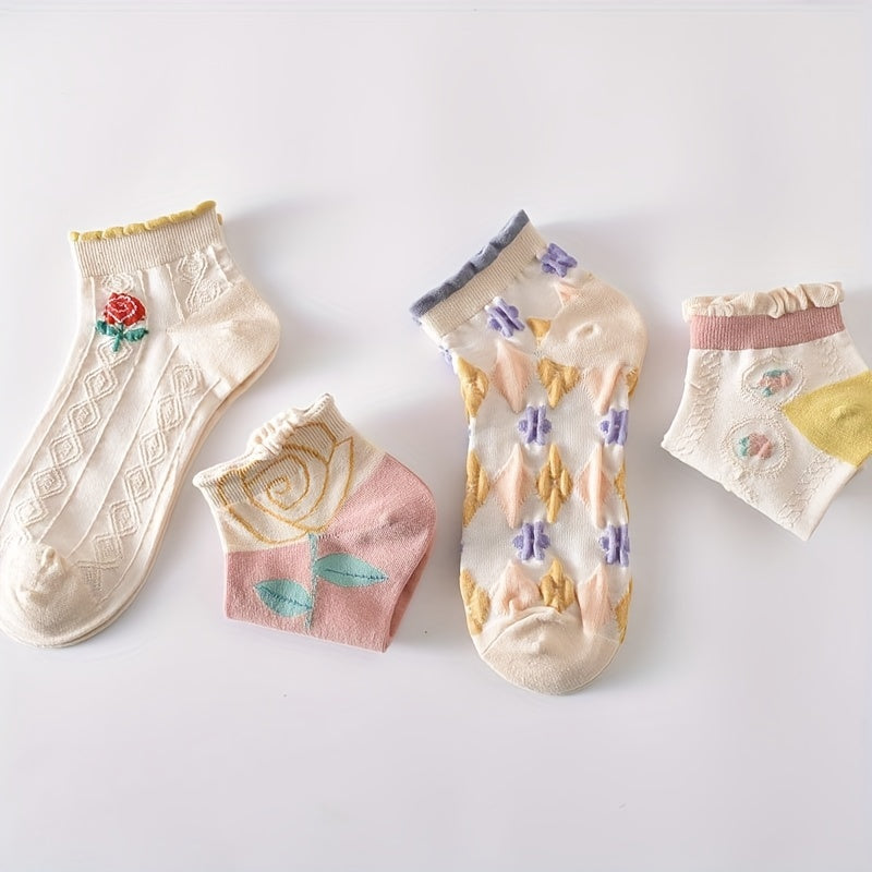 5 Pairs Textured Ruffle Socks Low Cut Women's Stockings
