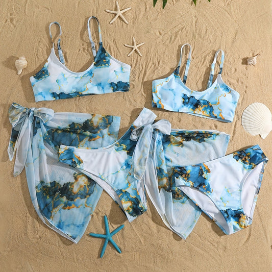 Marble Graphic Swimsuits & Cover Up Set for Mother and Daughter