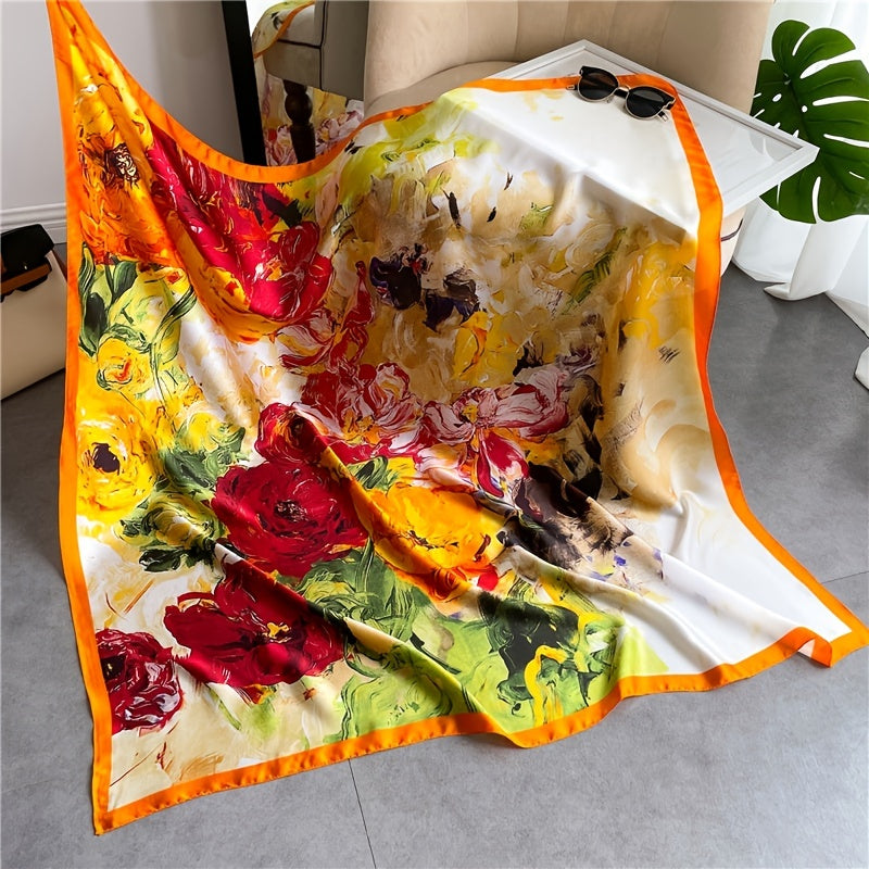 Orange Big Flower Print Scarf 43 3' Vintage Satin Square Shawl