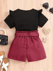 Girls Ruffled Short Sleeve Tee & Plaid Shorts Set with Belt