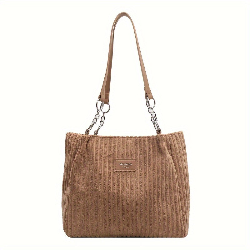 Stylish Corduroy Shoulder Bag for Women Zip Closure Fixed Strap