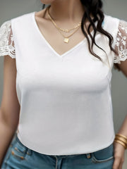  Lace Cap Sleeve V Neck Blouse