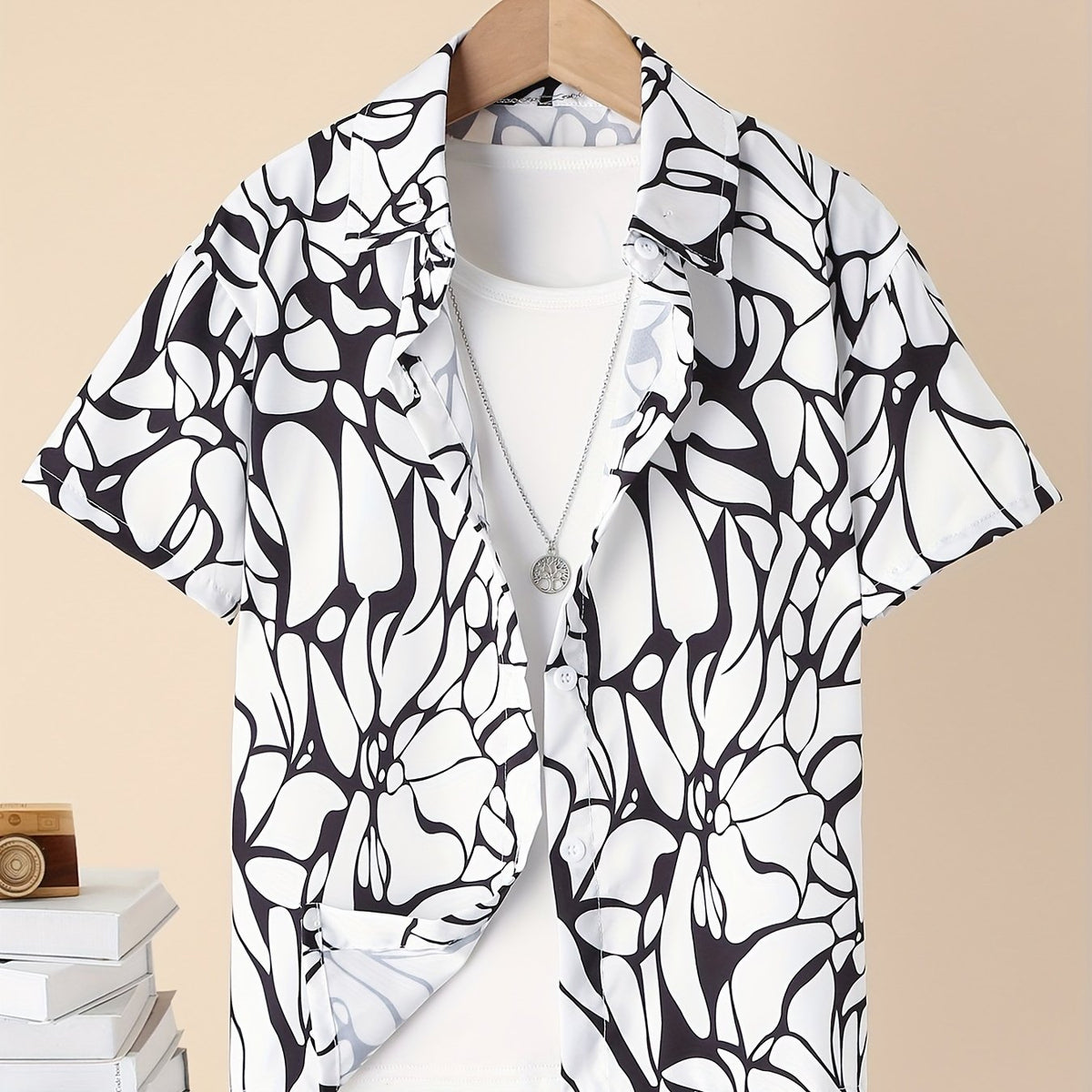 Boys Geometric Print Button Down Shorts Set