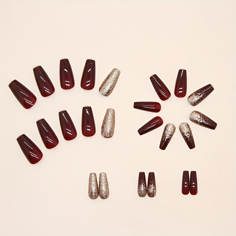 24pcs Golden Glitter Square Press On Nails, Acrylic Wine Red for Bridal Wedding