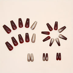 24pcs Golden Glitter Square Press On Nails, Acrylic Wine Red for Bridal Wedding