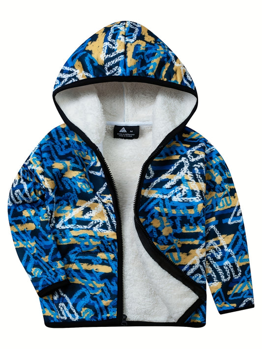 Boys Thick Hooded Sweatshirt Coat Kids Print Zip Up Outdoor Casual Warm Jacket