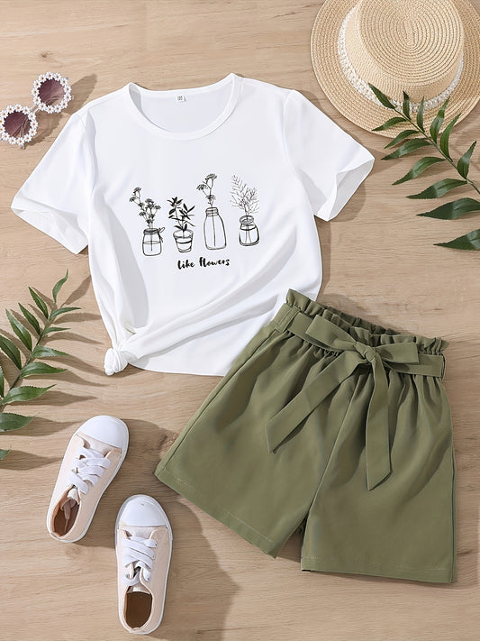 Girls Flowers Graphic Tee & Belted Shorts Set Summer Outfit