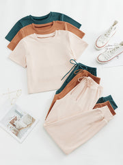 Solid Lounge Set Crew Neck Top & Lace Up Pants Women's Loungewear