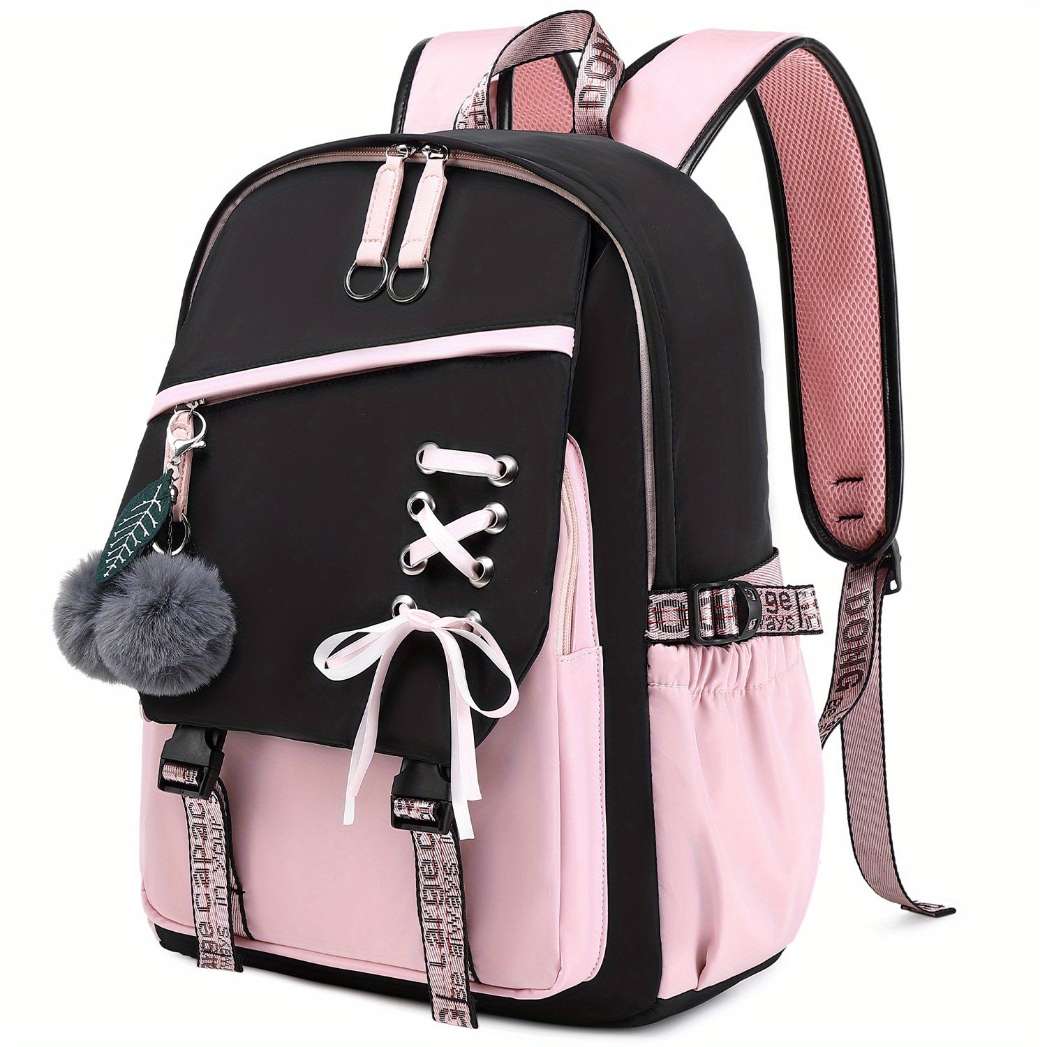 Girl School Backpack Two Plush Balls Letter Pattern Strap Kids Casual Laptop Bag