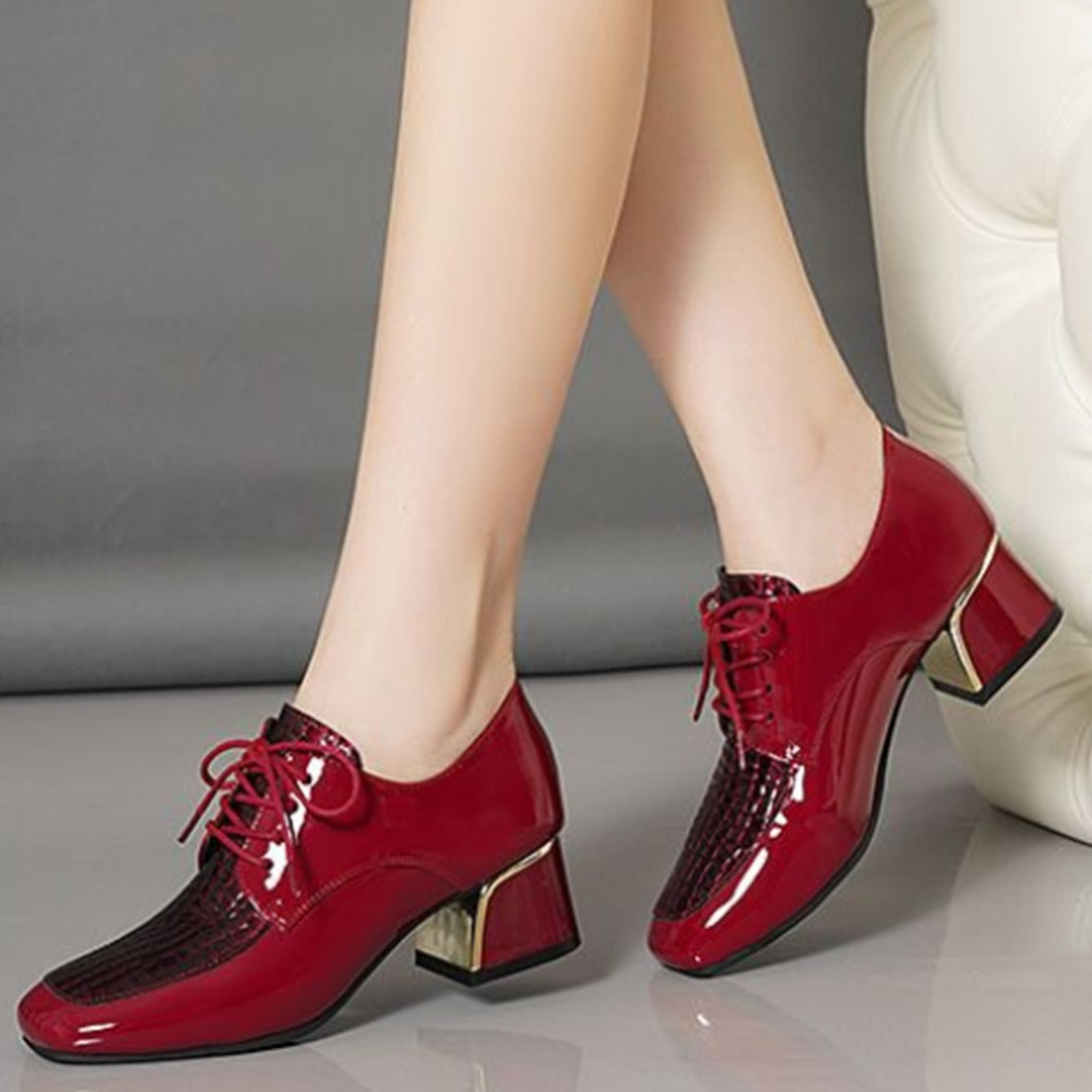 Women's Square Toe Block Heel Lace Up Mid Heels Faux Patent Leather Pumps