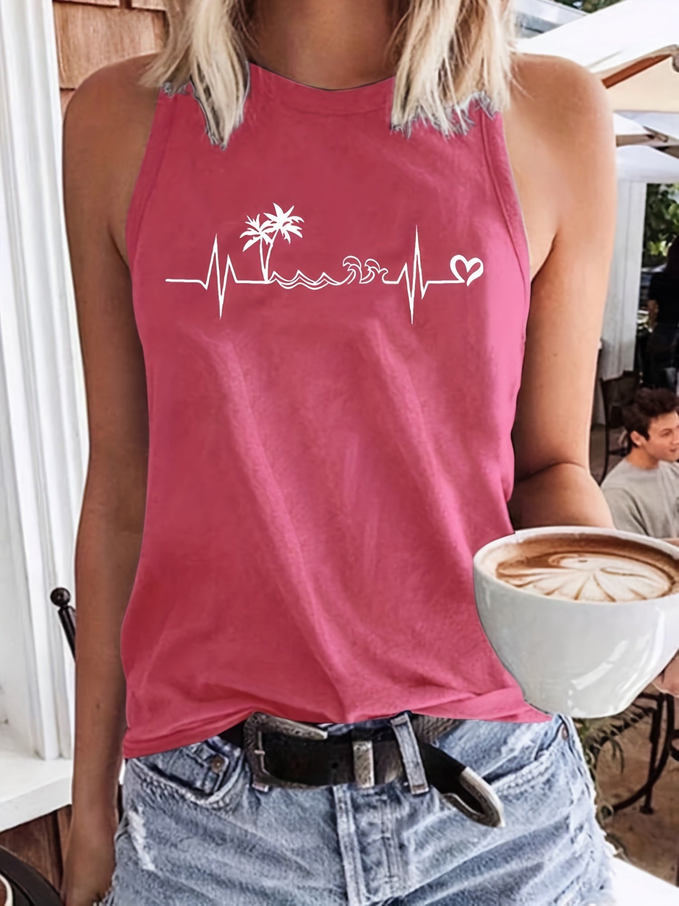 Coconut Tree Print Tank Top Crew Neck Sleeveless Casual