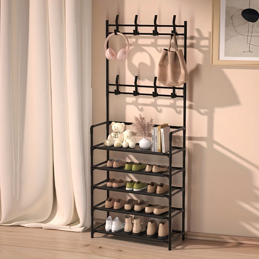 Stackable Shoe Rack With 8 Hooks 4 Layers Waterproof Cloth