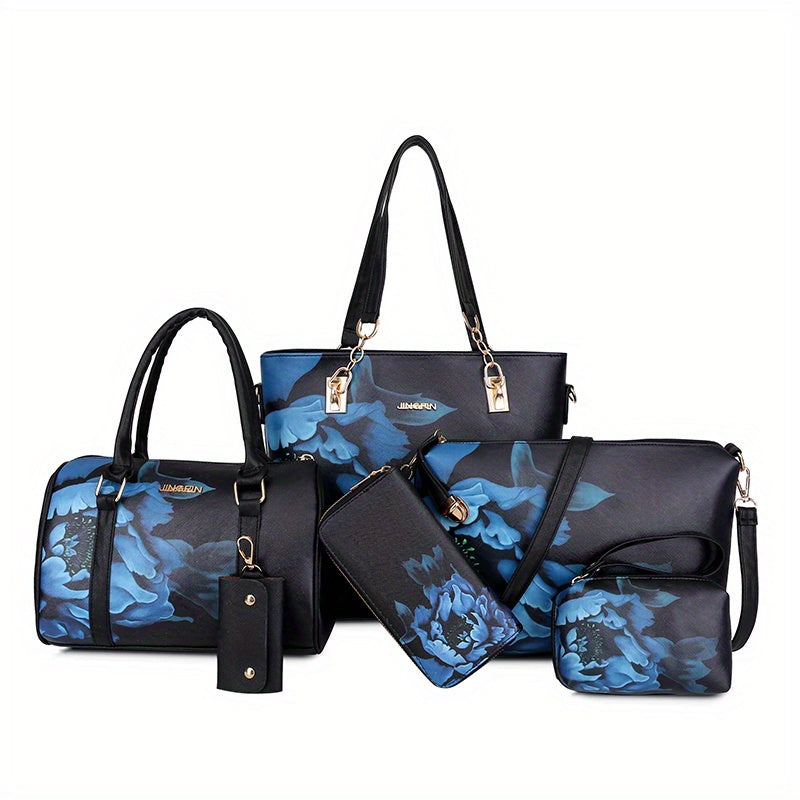 6Pcs Floral Pattern Handbag Set Vintage Tote Bag With Boston Bag