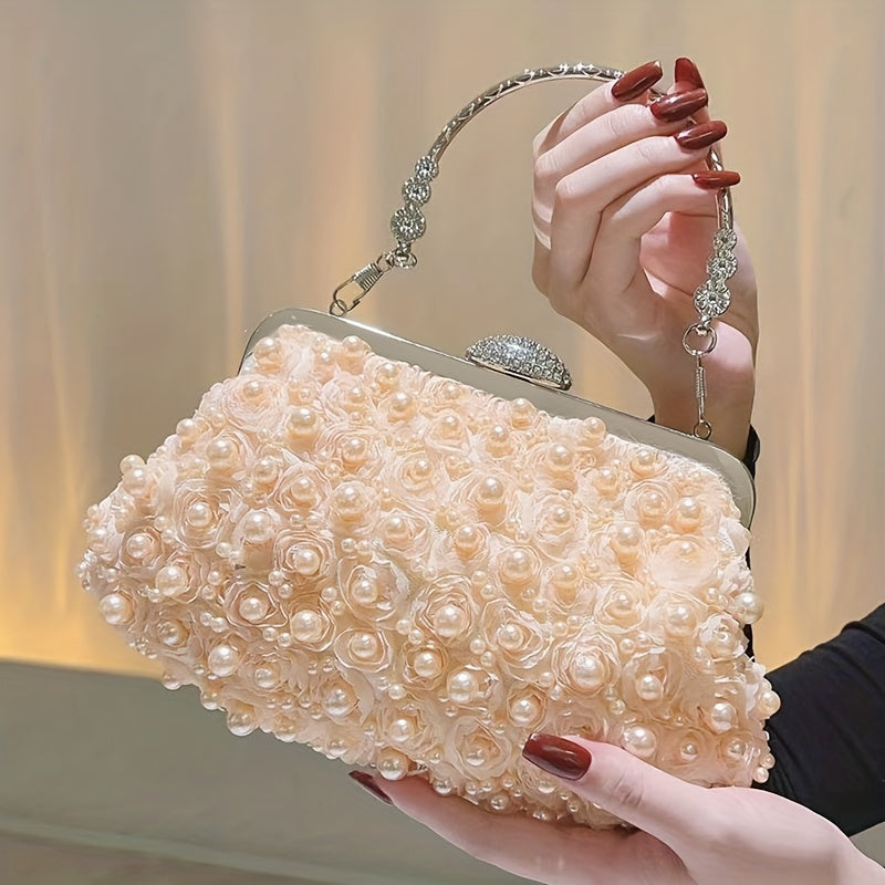 Pearl Decor Wedding Clutch Purse Top Ring Evening Bag