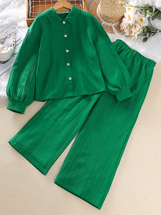 Girls Long Sleeve Button Down Blouse Top & Elastic Waist Wide Leg Pants 2pcs Set