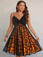  Colorblock Leopard Print Cami Dress with Mesh V Neck