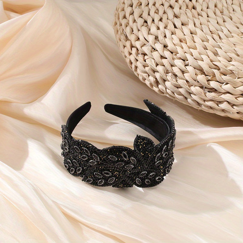 Baroque Wide Crystal Headband Glitter Leaf Headdress For Women