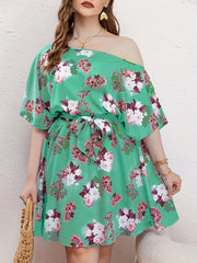Floral Print One Shoulder Batwing Sleeve Knee Length Dress With Belt