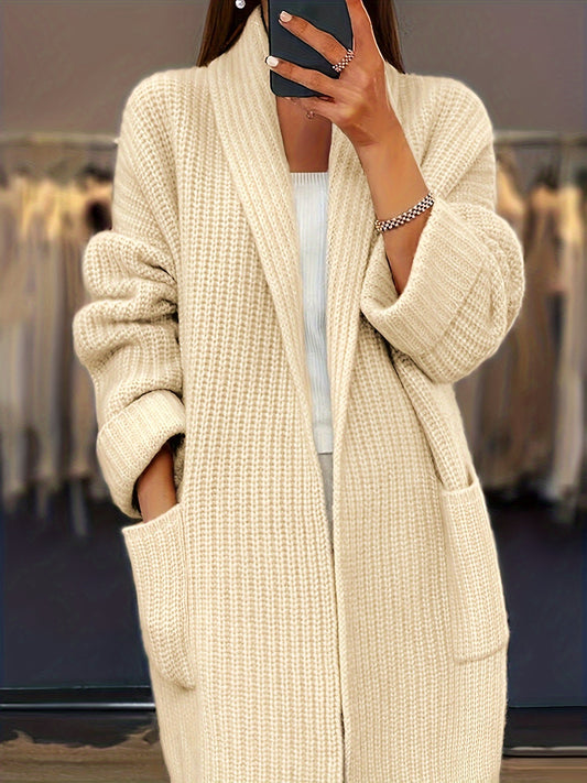  Solid Open Front Sweater Cardigan With Pockets