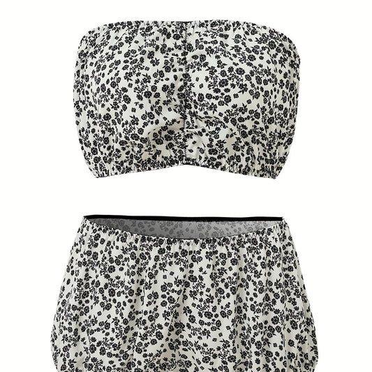  Floral Print Ruffled Bandeau & Brief Set