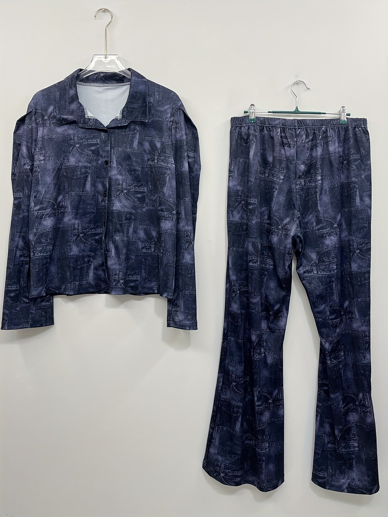  Denim Print Shirt & Pants Outfit Set