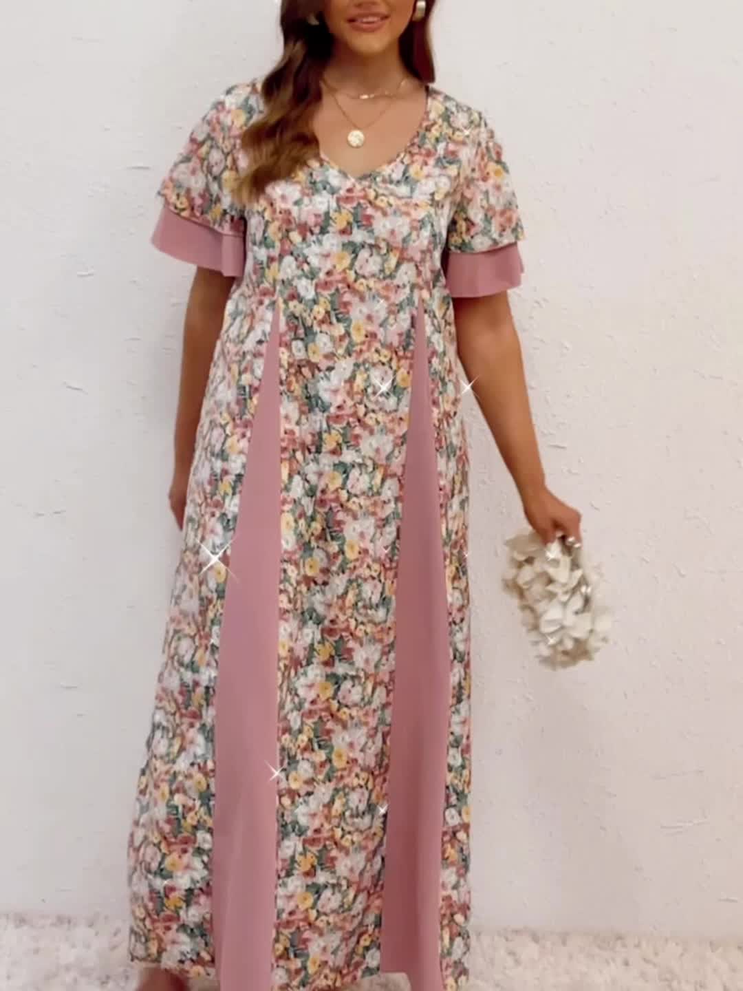  Colorblock Floral Print Ruffle Sleeve Dress
