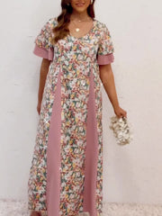  Colorblock Floral Print Ruffle Sleeve Dress