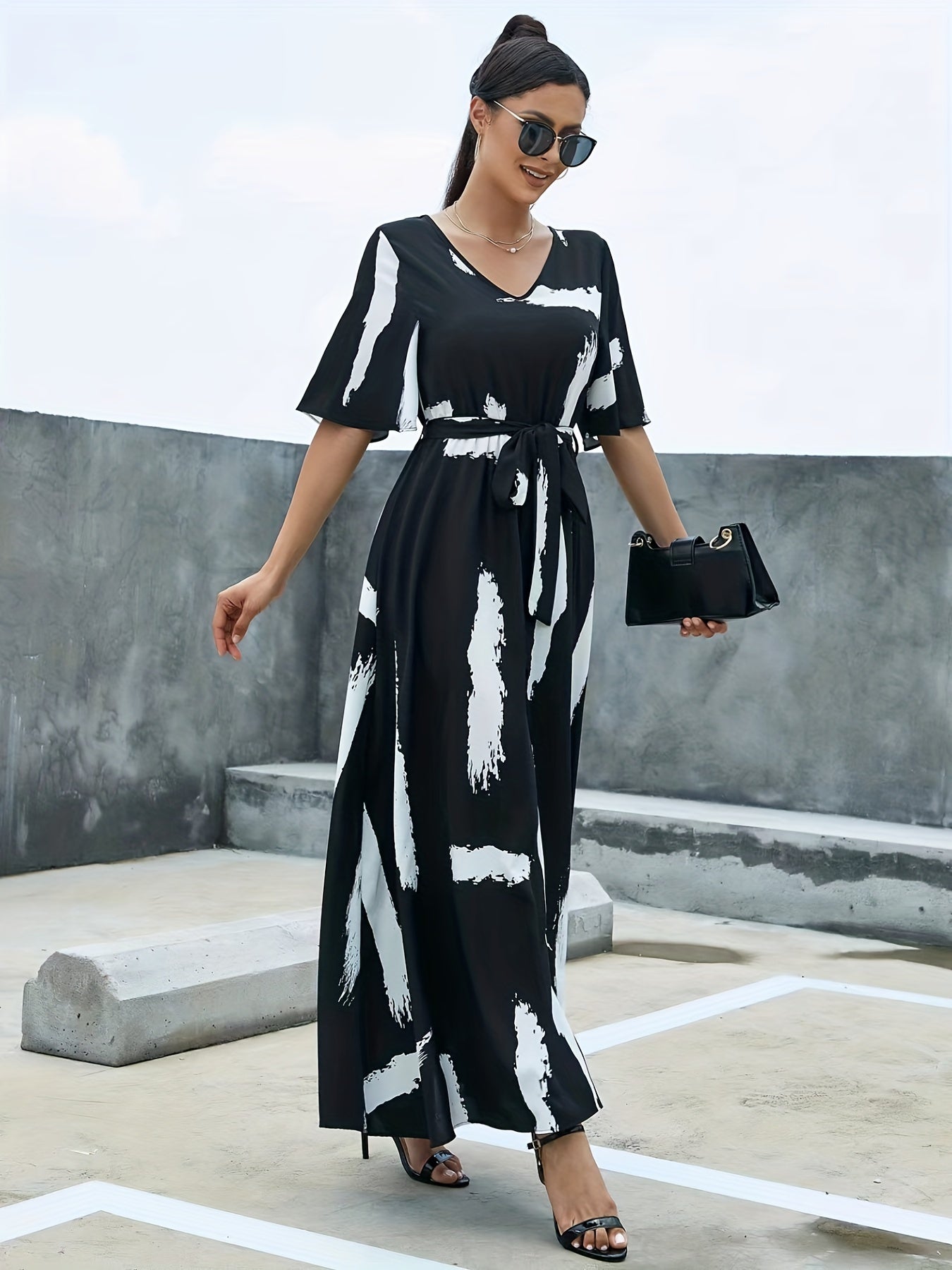 Flutter Sleeve Belted Maxi Dress for Women