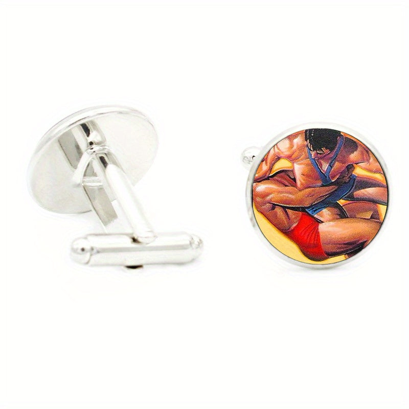 I Love Wrestling 16MM Round Glass Gem Cufflinks For Men Rhodium Plated Alloy