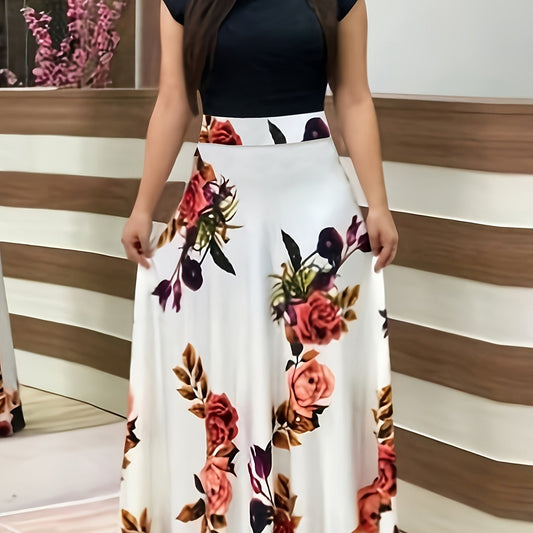 Colorblock Floral Short Sleeve Maxi Dress Plus Size