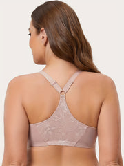 Floral Jacquard Plus Size Front Closure Racer Back Bra