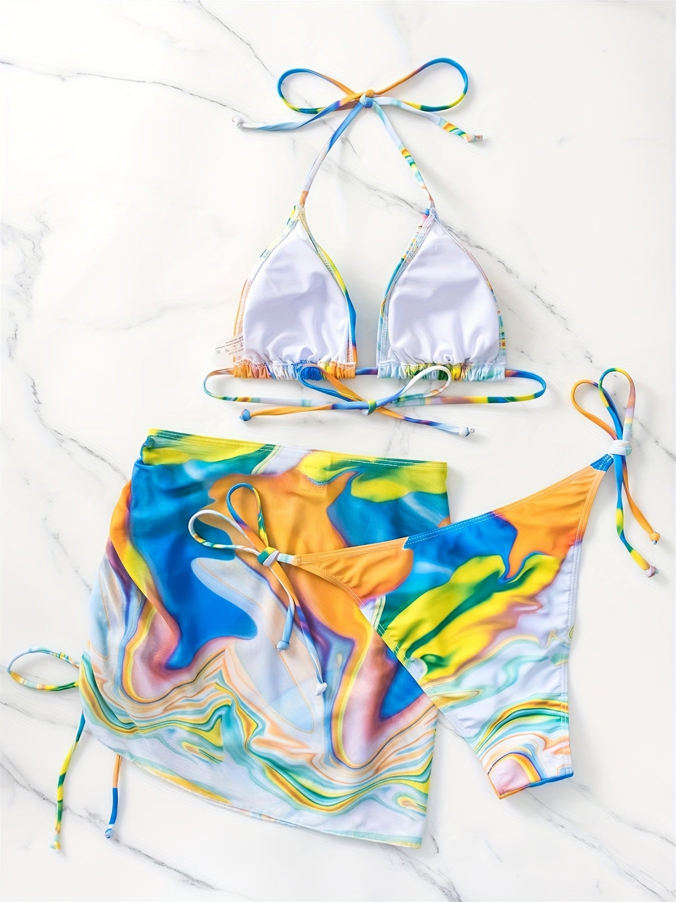 Tie Dye Bikini Set Halter V Neck Tie Side High Cut Swimsuit with Cover Up Skirt