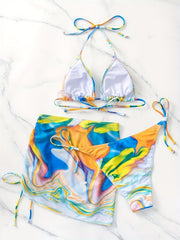 Tie Dye Bikini Set Halter V Neck Tie Side High Cut Swimsuit with Cover Up Skirt