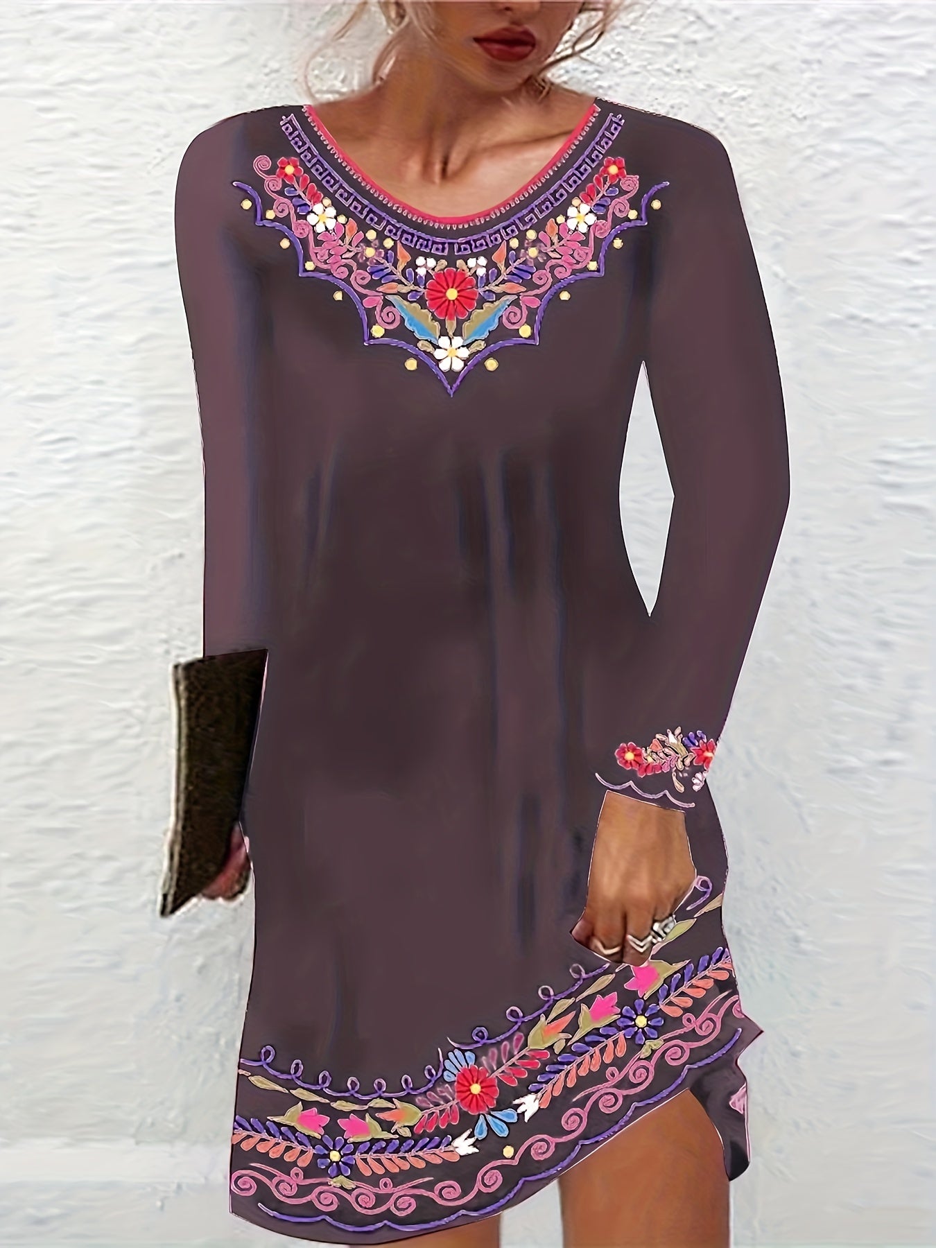  Floral Print Round Neck Long Sleeve Stretch Dress