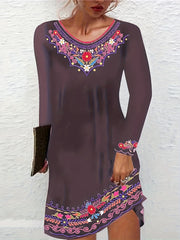  Floral Print Round Neck Long Sleeve Stretch Dress